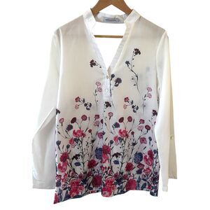 Floral Flowy Womens Blouse Long Sleeve Size Small White Asian Inspired Bloomcore